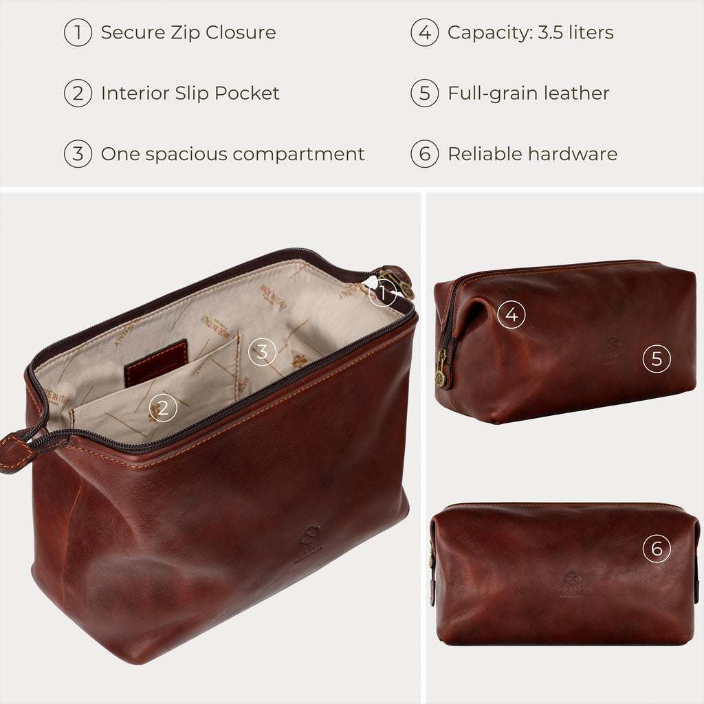 Leather Toiletry Bag - Italian Cosmetic Case Dopp Kit (Brown)