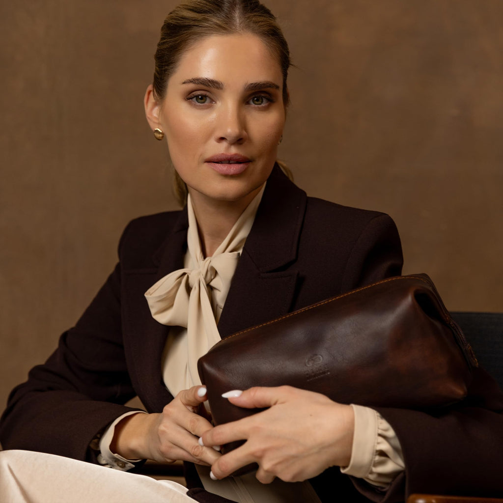 Leather Toiletry Bag - Italian Cosmetic Case Dopp Kit (Brown)