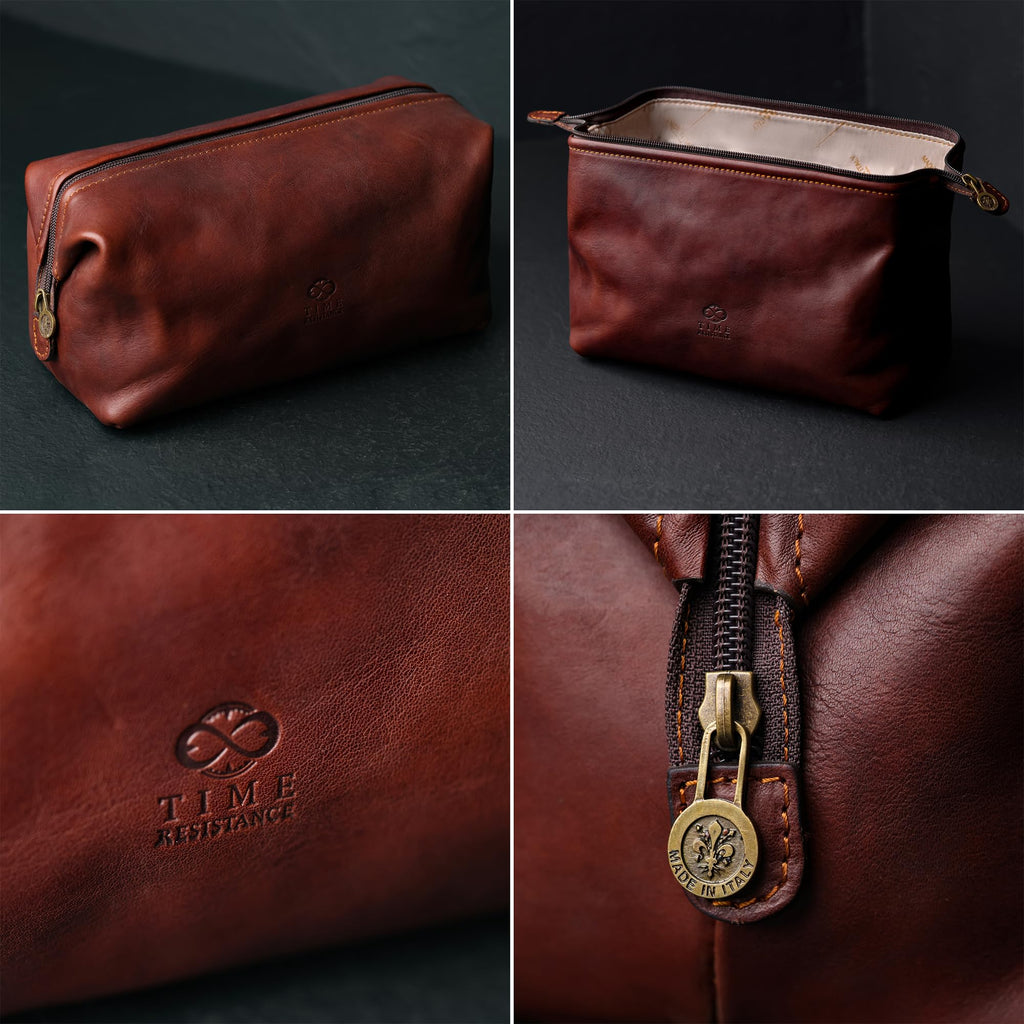 Leather Toiletry Bag - Italian Cosmetic Case Dopp Kit (Brown)