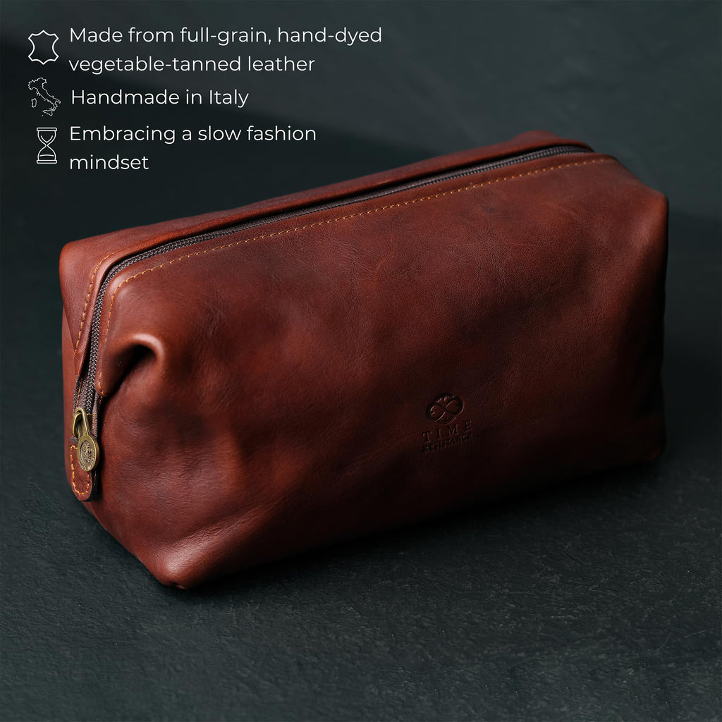 Leather Toiletry Bag - Italian Cosmetic Case Dopp Kit (Brown)